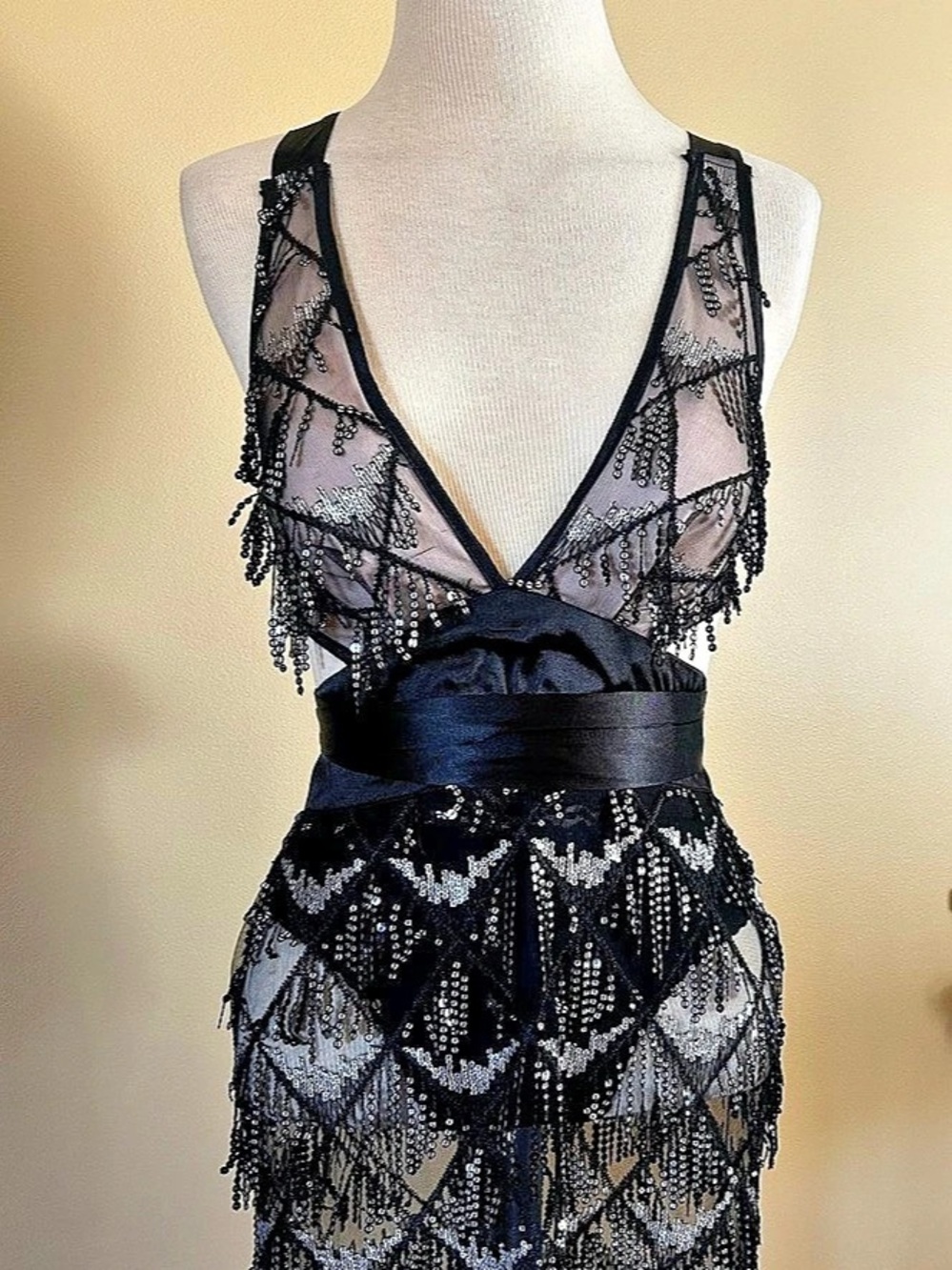 Bella Barnett Lace Up Backless Sequin Fringe Mesh Dress Black